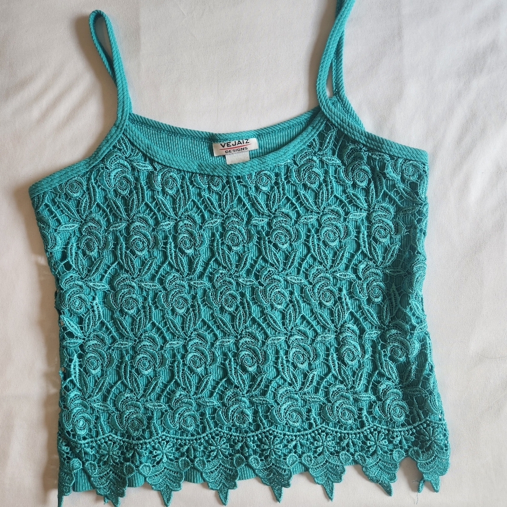 Vintage 90s Y2K Lace Overlay Cami Top XL Vejaiz Cotton Teal Turquoise Ribbed